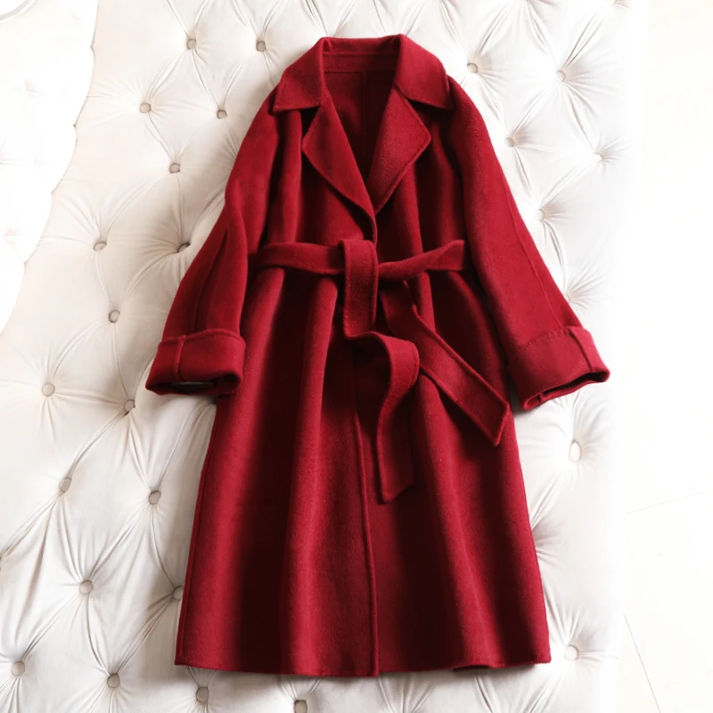 Зимнее Новое двустороннее кашемировое пальто, длинное пальто из ткани красного вина, тонкий банный Халат - Цвет: see chart