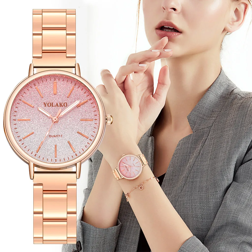YOLAKO Fashion Simple Gradient Dial Stainless Steel Strap Ladies Quartz Watch new fashion Elegant Casual watch Top Brand gifts afbeelding