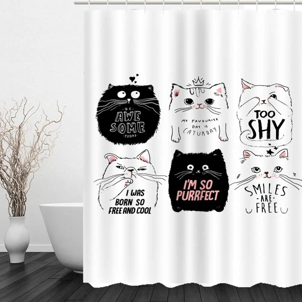 Funny Shy Cat Shower Curtain Kids Bathroom DecorShower Curtains