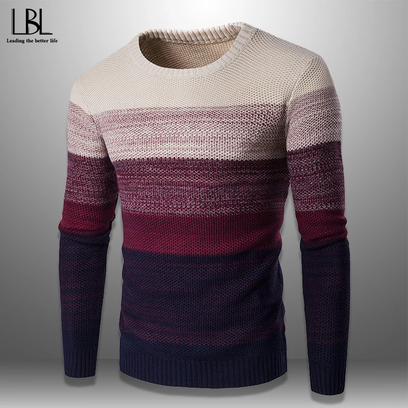 Autumn Men's Gradient Sweater Casual O-Neck Striped Mens Knittwear Patchwork Winter Knitted Pullovers Slim Fit Pull Homme