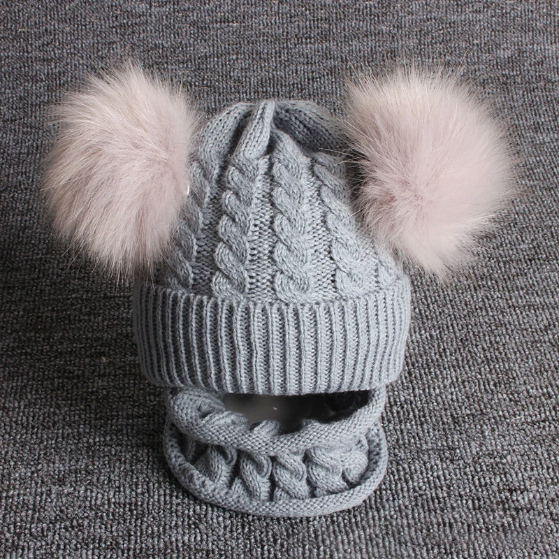 Baby Boys Girls Beanie Cotton Ball Warm Hat Cap Set Children's Wool Hat Imitation Braid Hair Double Ball Hat Scarf Suit Knit Hat