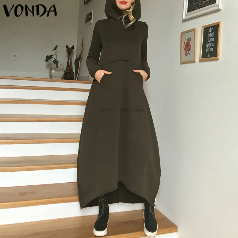 Женское зимнее Макси платье VONDA осенние однотонные платья с капюшоном размера плюс пляжный сарафан богемный Vestidos Femme длинный халат