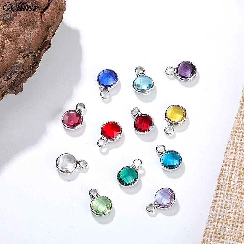 

10pcs Copper Round 6mm Birthstone Charms Beads Colorful Crystal Pendants For DIY Craft Necklace Bracelet Jewelry Making Findings