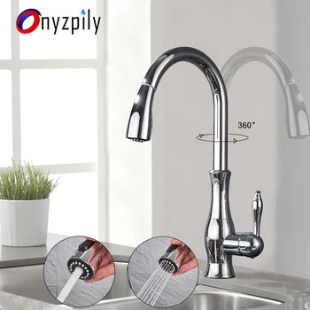 

Onyzpily Kitchen Sink Faucet Pull Out ORB/Chrome/Golden/Brushed Spray 360 Rotation Spout Two water modes Single Handle Mixer