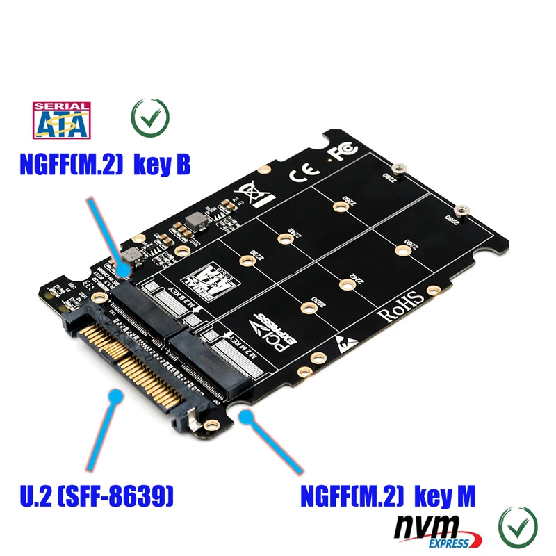 M.2 SSD to U.2 Adapter 2in1 M.2 NVMe and SATA-Bus NGFF SSD to PCI-e U.2 SFF-8639 Adapter PCIe M2 Converter for Desktop Computers