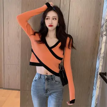 

2020 Autumn & Spring New Arrival 4 Color Contrast V-neck Cross Sexy Sweater Long Sleeve Short Loose Thin Sweater Free Shipping