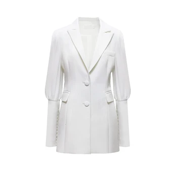 

Brangdy White Elegant Patchwork Beading Women's Blazer Lapel Collar Puff Sleeve Pocket Suits Female 2020 Autumn Fashion New