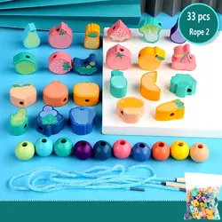 Niños Niñas modelo Animal de dibujos animados de bloques de madera juguetes para los niños Montessori temprano iluminación formación roscado cuerda juego