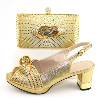 

Gold old high heel shoes matching with handbag sets with rhinestones nice sandals with purse CR2105, Heel Height 7cm