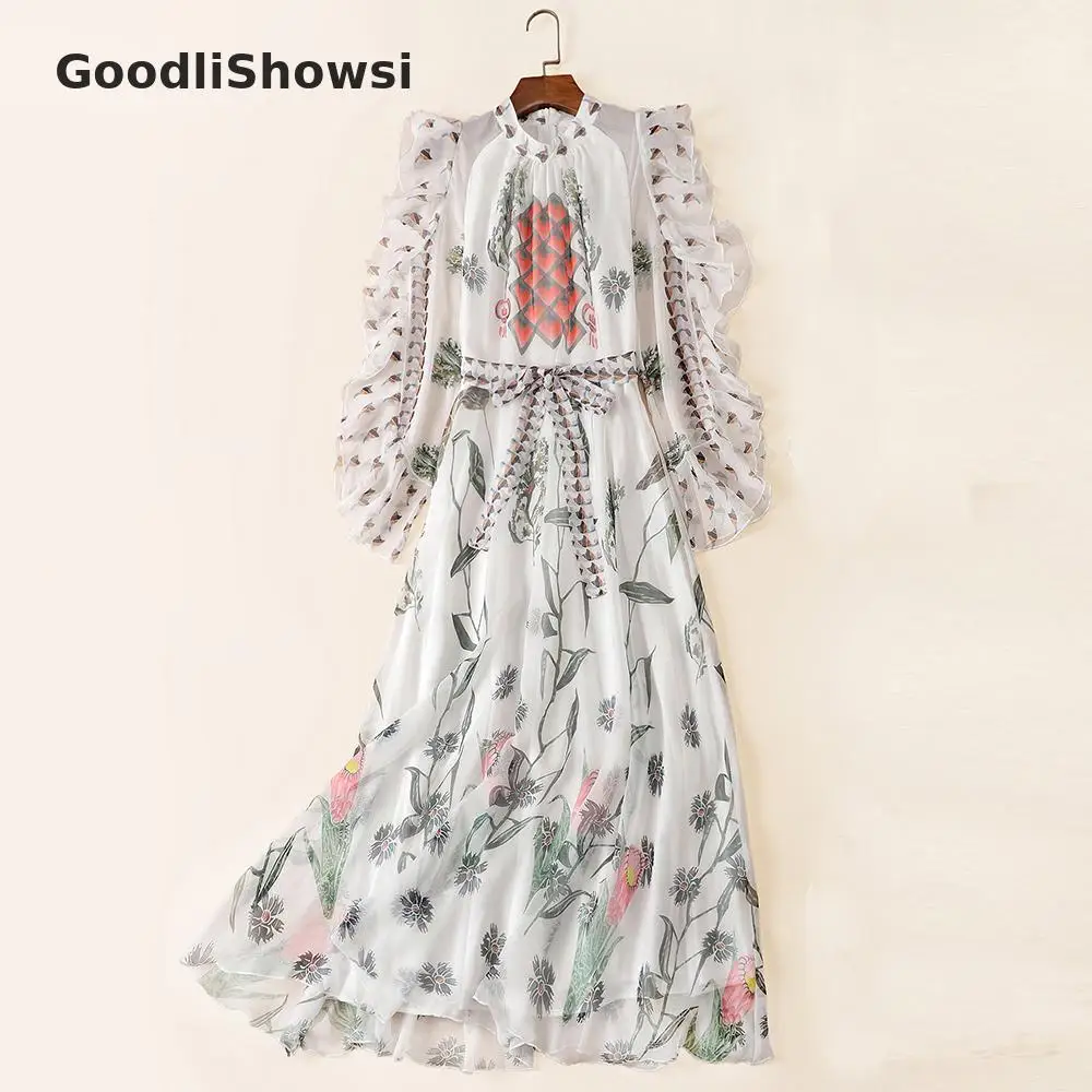 GoodliShowsi пляжное стильное платье для отдыха с цветочным принтом, с пышными рукавами и открытыми плечами, элегантные шифоновые платья с поясом, женское Макси платье