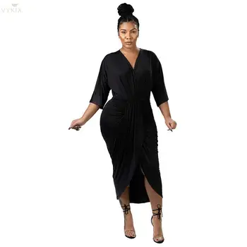 

Sexy Front Slit Pleated Autumn Winter Dress Long Sleeve High Waist Solid Plus Size Women Dress Elegant V Neck Bodycon Maxi Dress