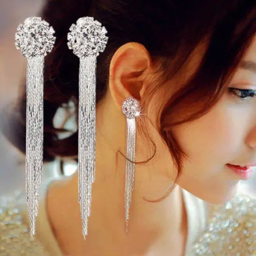 Classic Luxury Bridal Rhinestone Round Shape Long Tassel Clip on Earrings Non Piercing for Women ear clip earrings clip earrings ear clip ear accessories