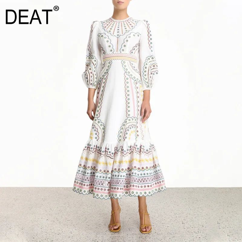 Женское платье с рукавами фонариками DEAT ажурный пуловер круглым вырезом и