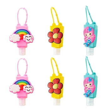 

6Pcs 30ml Kids Hand Sanitizer Refillable Empty Bottle with Cartoon Floral Rainbow Silicone Holder Keychain Liquid Lotion Contain