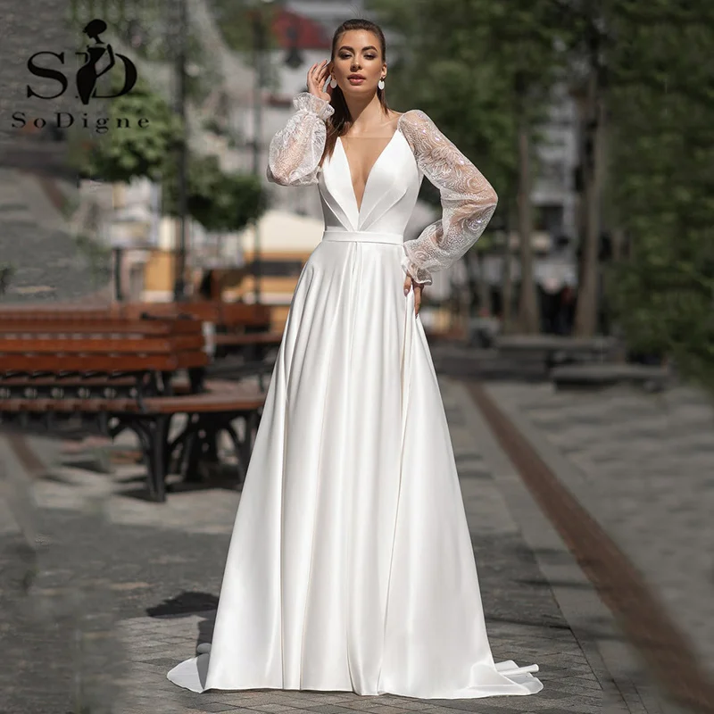 

SoDigne Boho Wedding Dresses Long Sleeves V Neck Simple A-line Satin Belt Sash Wedding Dress Sexy Backless Pincess Bridal Gown