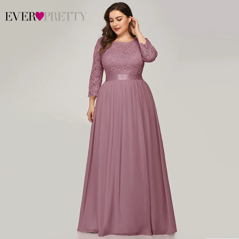 Dusty Pink Шифоновое платье для матери невесты Ever Pretty, кружевные длинные платья больших размеров, трапециевидного силуэта, с рукавом 3/4, для свадебной вечеринки, разных цветов, EP07412, весна-лето - Цвет: Dusty Pink
