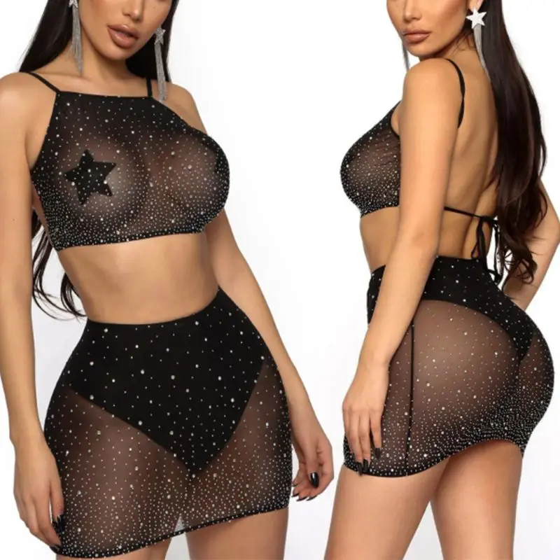 

Women Hollow Out Mesh 2Pcs Set Shiny Rhinestone Halter Top Sexy Sheer Mini Skirt