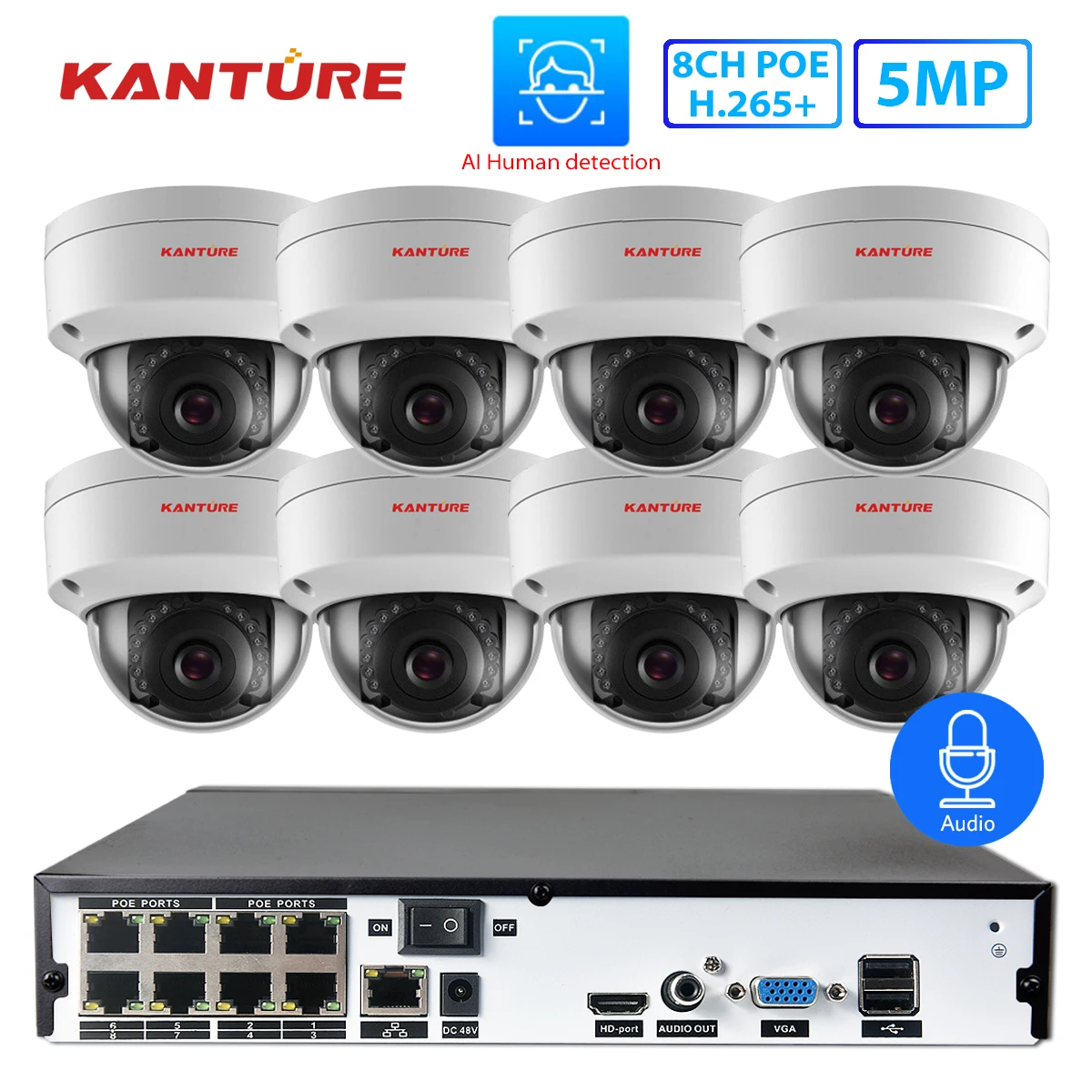 KANTURE H.265 + 8CH 5MP AI face POE NVR комплект CCTV система безопасности аудио Регистратор IP