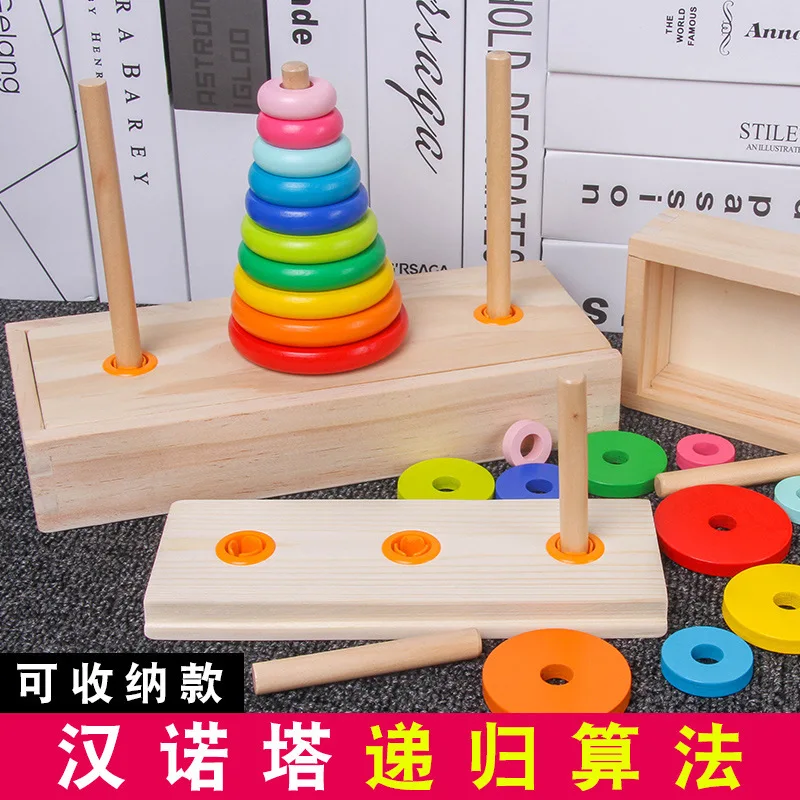 

Wood Mom Small Storage Box Ten Layer Tower of Hanoi Rainbow Building Blocks Matching Wooden Children Fun Educational Toy