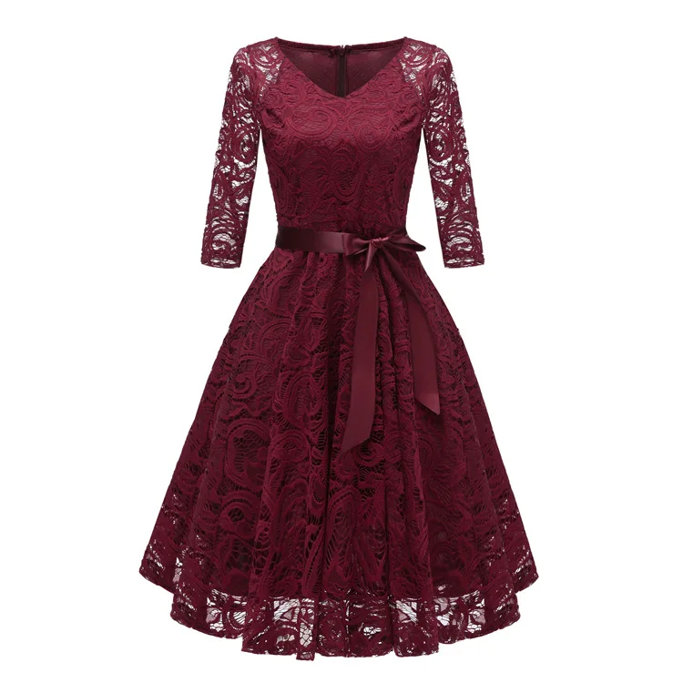 wine red dress Летнее, Осеннее кружевное черное, красное платье, модное, тонкое, сексуальное, открытое, вечернее, для вечеринки, для работы, платье, винтажные платья, для женщин, с бантом на поясе, Vestidos - Цвет: wine red dress