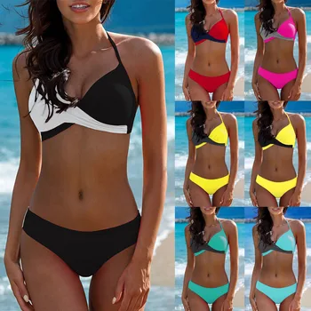

Women Sexy Bikinis Swimsuit High Waisted Bathing Suits Swim Halter Push Up Cross Pachwork Plus Size Swimwear Beachwear #YJ