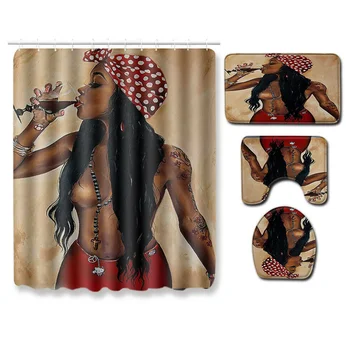 

African Girl Shower Curtain Carpet Four-piece Bathroom Non-slip Mat Set Bath Curtain Simple Bathroom Partition Curtain