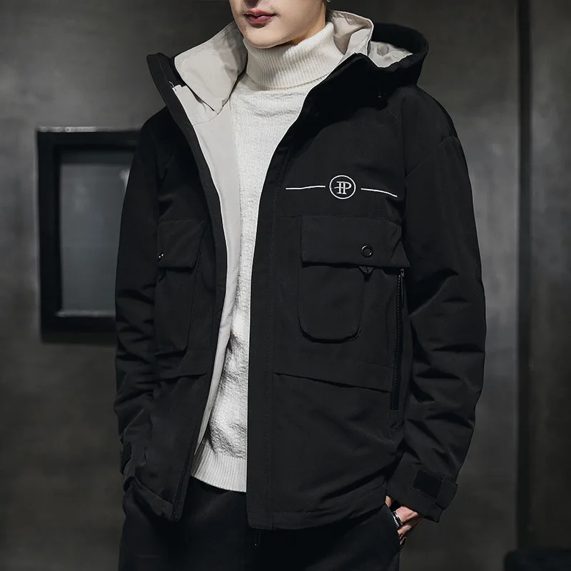 Anbican Мода зимняя мужская парка пальто с капюшоном ветровка зимняя куртка мужская теплая куртка - Цвет: Black