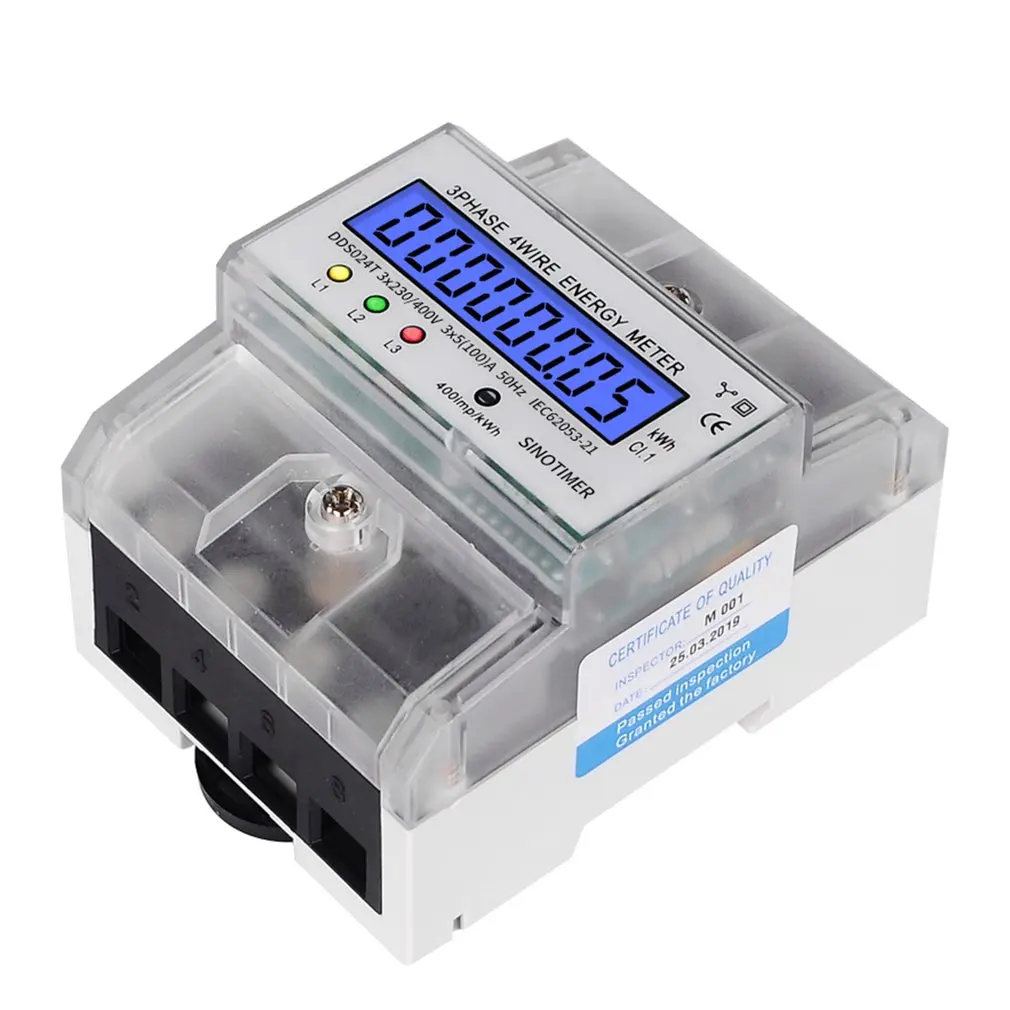 SINOTIMER Din Rail 380V 3 Phase 4P 4 Wire Electronic Watt Power Energy Meter LCD Backlight Display with Transparent Cover