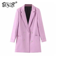 Women chic blue blazer decorate button open stitch pockets back split Violet blazers female work wear stylish coat