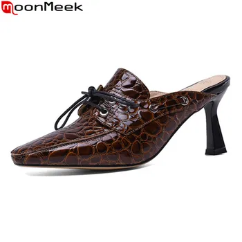 

MoonMeek 2020 Big size 34-43 fashion women slippers simple lace up square toe casual mules shoes summer classic ladies shoes