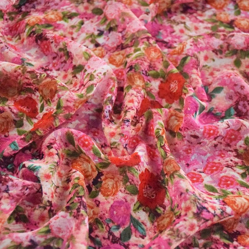 Half Meter New Design Red Colored Flower Print Chiffon Fabric For Dress Shirt Gallus Cheongsam Lady's Garment T1666