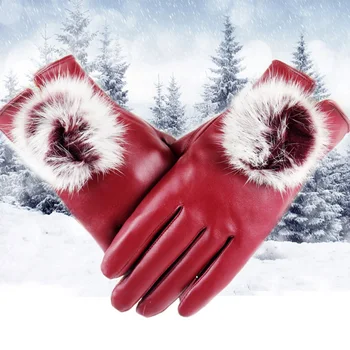 

2019 Women Touch Screen Finger Gloves PU Leather Rabbit Fur Ball Gloves Winter Warm Imitation Leather Gloves Autumn Winter