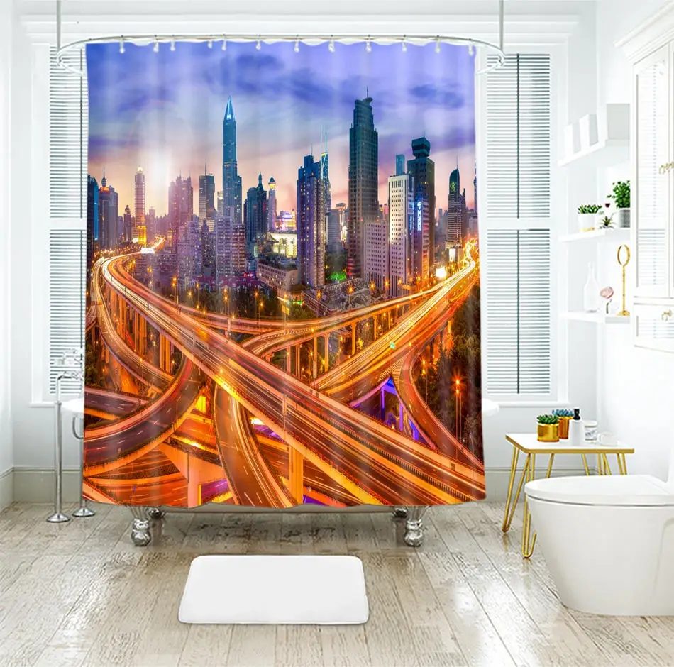 3d Seascape Pattern Bustling Viaduct City Shower Curtains Waterproof Thickened Bath Curtains for Bathroom Customizable - Цвет: Color C
