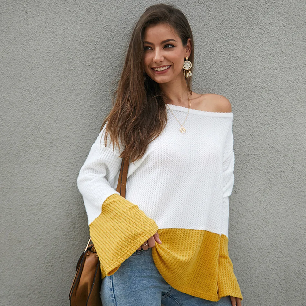 Long Sleeve Loose Knit Sweater Autumn Winter New 2020 Color Contrast Splicing |