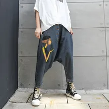 Новые женские свободные синие джинсы с высокой талией и принтом, шаровары на пуговицах