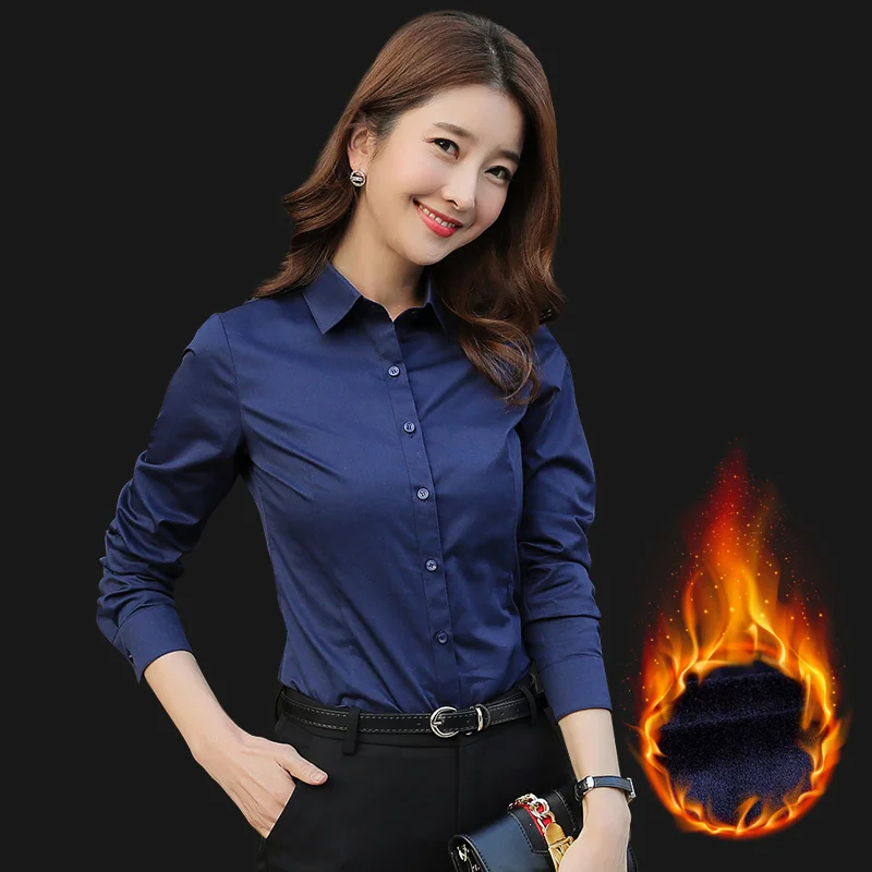 Dark blue velvet New Fashion Winter Quality Women Office Lady Formal Plus Velvet Thicking Long Sleeve Shirt Casual Solid White Blouse Tops - Цвет: Dark blue velvet