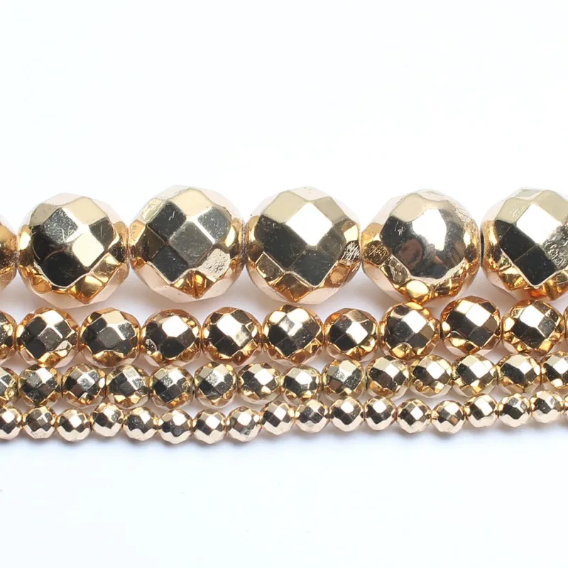 Natural Stone Hematite Round Beads in Gold & Silver Tones for Jewelry Making - 15'' Strand