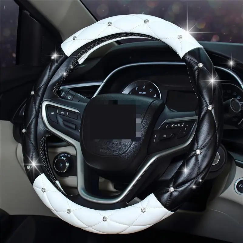 Модные женские из искусственной кожи Чехлы рулевого колеса автомобиля алмаз черный розовый авто рулевое покрытие Чехлы для леди девушки автомобильные аксессуары - Название цвета: black  white