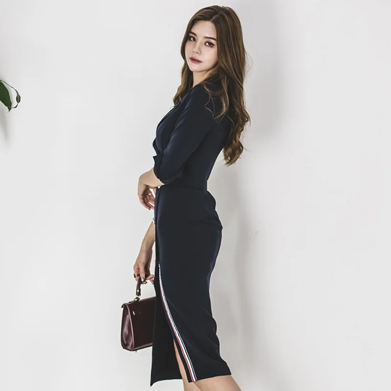 

WOMEN'S Dress 2018 Autumn New Products Ol Career Elegant Suit Collar Double Breasted Slit Sheath Half-sleeve Shirt Dress