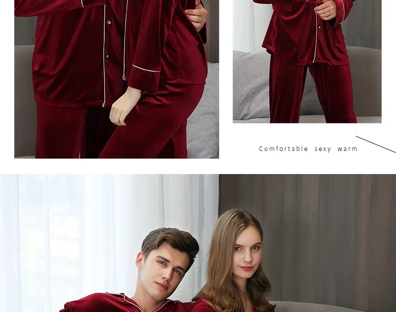Пара пижам осень красный золотой бархат с длинным рукавом модные женские пижамы свободные мужские пижамные комплекты Домашняя одежда для сна