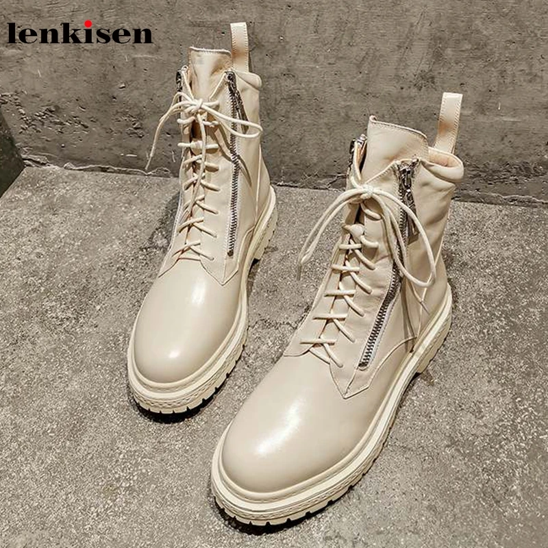 Lenkisen genuine leather European motorcycle boots lace up round toe med heels side zip winter keep warm women ankle boots L02