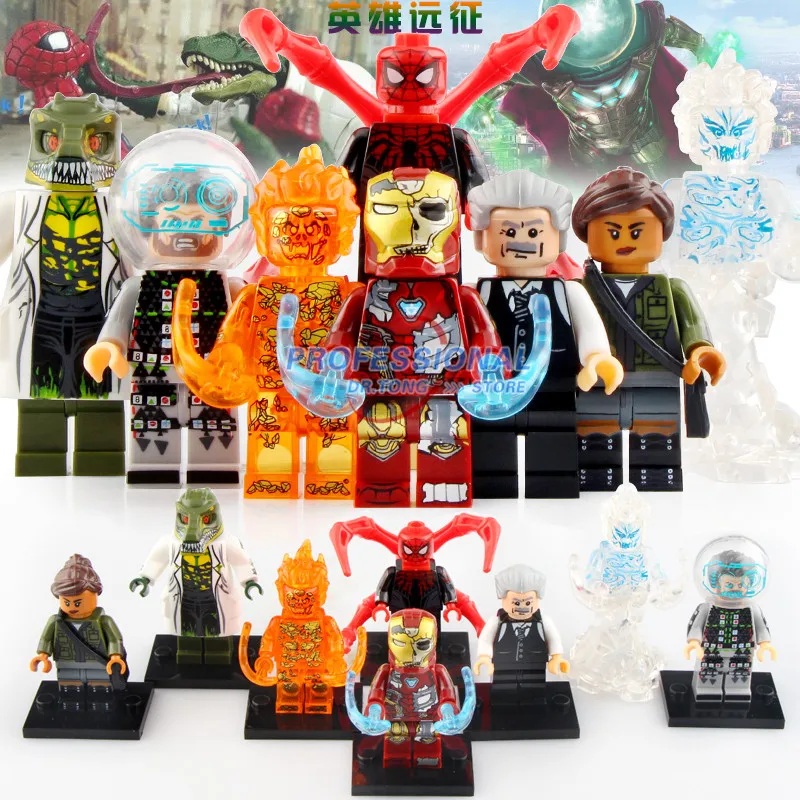 

50PCS Super Heroes Iron Man Lizard FireElemental Spider-Man Mysterio Building Blocks Figures For Kids Gift Toys X0268
