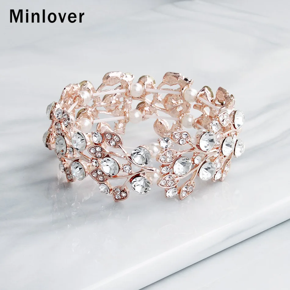 Minlover розовое золото цвет листья горный хрусталь невесты браслеты для женщин очаровательные свадебные браслеты модные новые ювелирные изделия MSL108