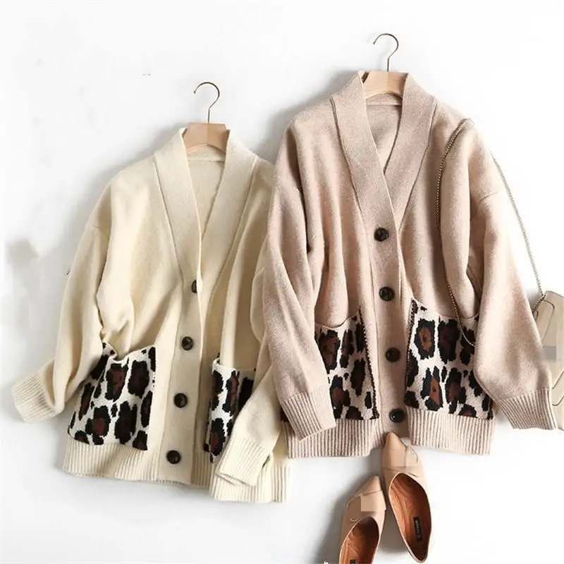 #^Special Price Women Autunm Oversized V-Nexk Knitted Coat Vintage Leopard Pockets Sweater Coat Long Sleeve Lady Cardigan