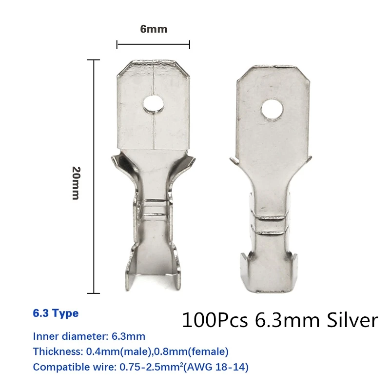 100 6.3mm Silver 200/100 шт Женский обжимных клемм соединитель 2,8/4,8/6,3 мм золотистыми латунными зубцами автомобиля Динамик электрические соединители проводов Набор креплений диаметром 22-16 AWG - Цвет: 100 6.3mm Silver