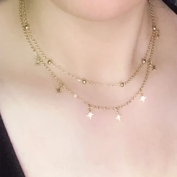 

New Non-Fade Stainless Titanium Steel Hexagram Star Gold Tassel Necklace Women Choker Pendants Suspension Chain Necklaces