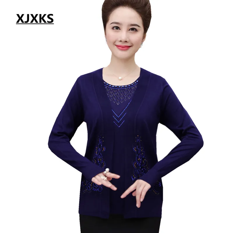 

XJXKS 2019 autumn winter new comfortable wool knitted pullover women sweater loose plus size women fake two-piece sweater