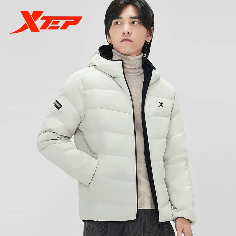 Xtep Men's Fashion Down Hooded Jacket Male Warm Solid Short Overcoats