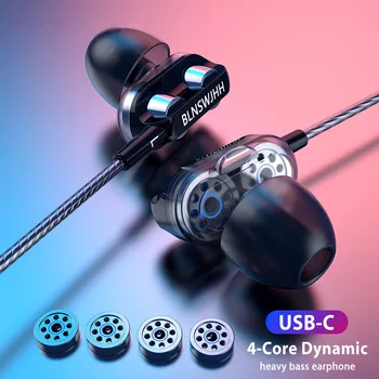 

Dual Drivers Wired Earphone Four Core Dynamic HIFI Earphone Super Base Line Control With Mic Speaker Headsets for Huawei Xiaomi
