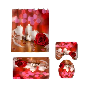 

4 Pcs Polyester Shower Curtain Bath Mat Toilet Cover Rug Bathroom Decor Set